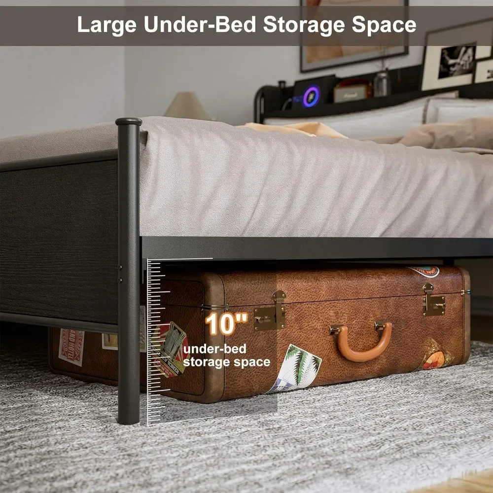 California King Size Bed Frames with Wood Storage Headboard & Charging Station, Farmhouse Metal Cal Bed with LED Lights