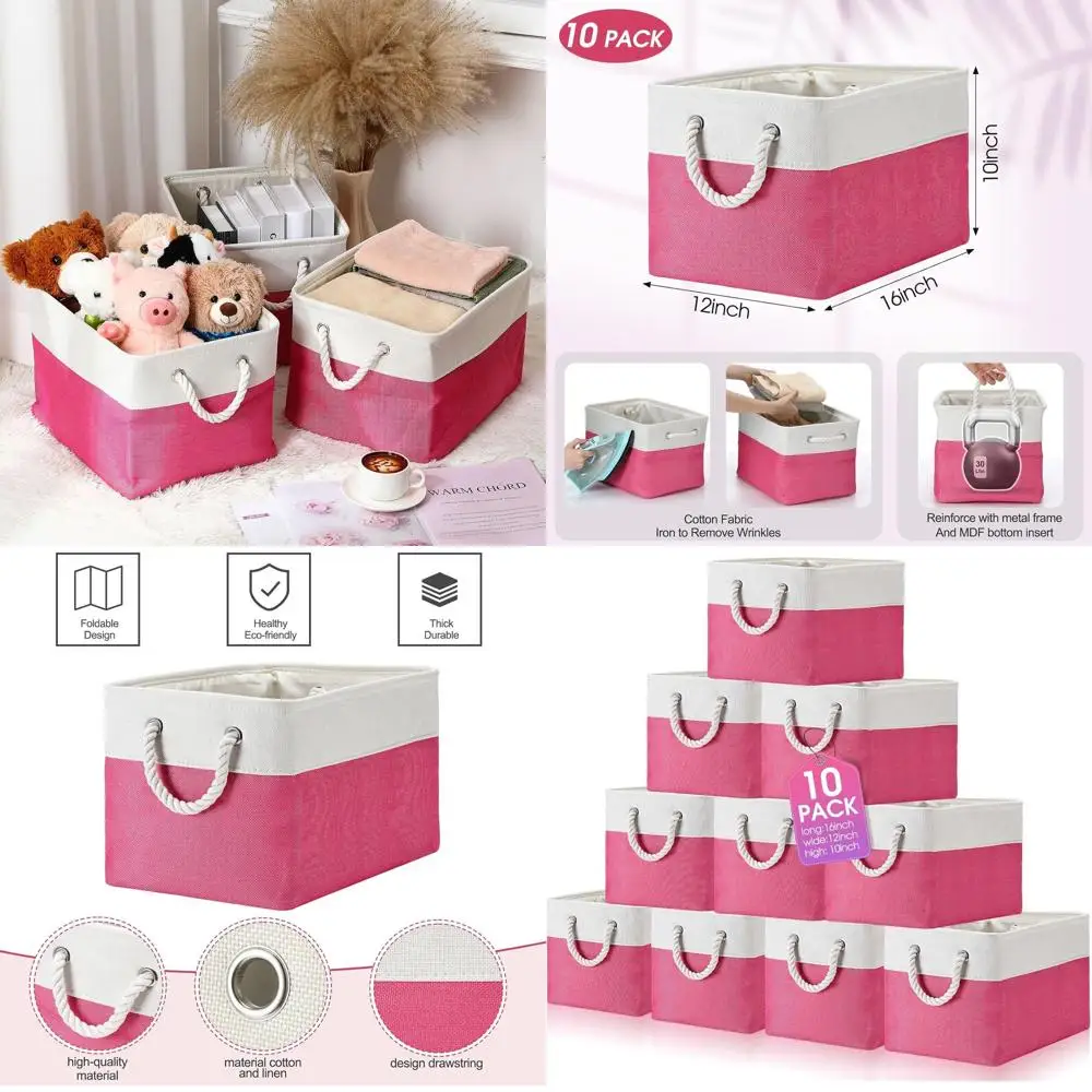 

Большие складные тканевые корзины для хранения с ручками для организации полки, игрушек, одежды — розово-белые, 16x12x10 дюймов