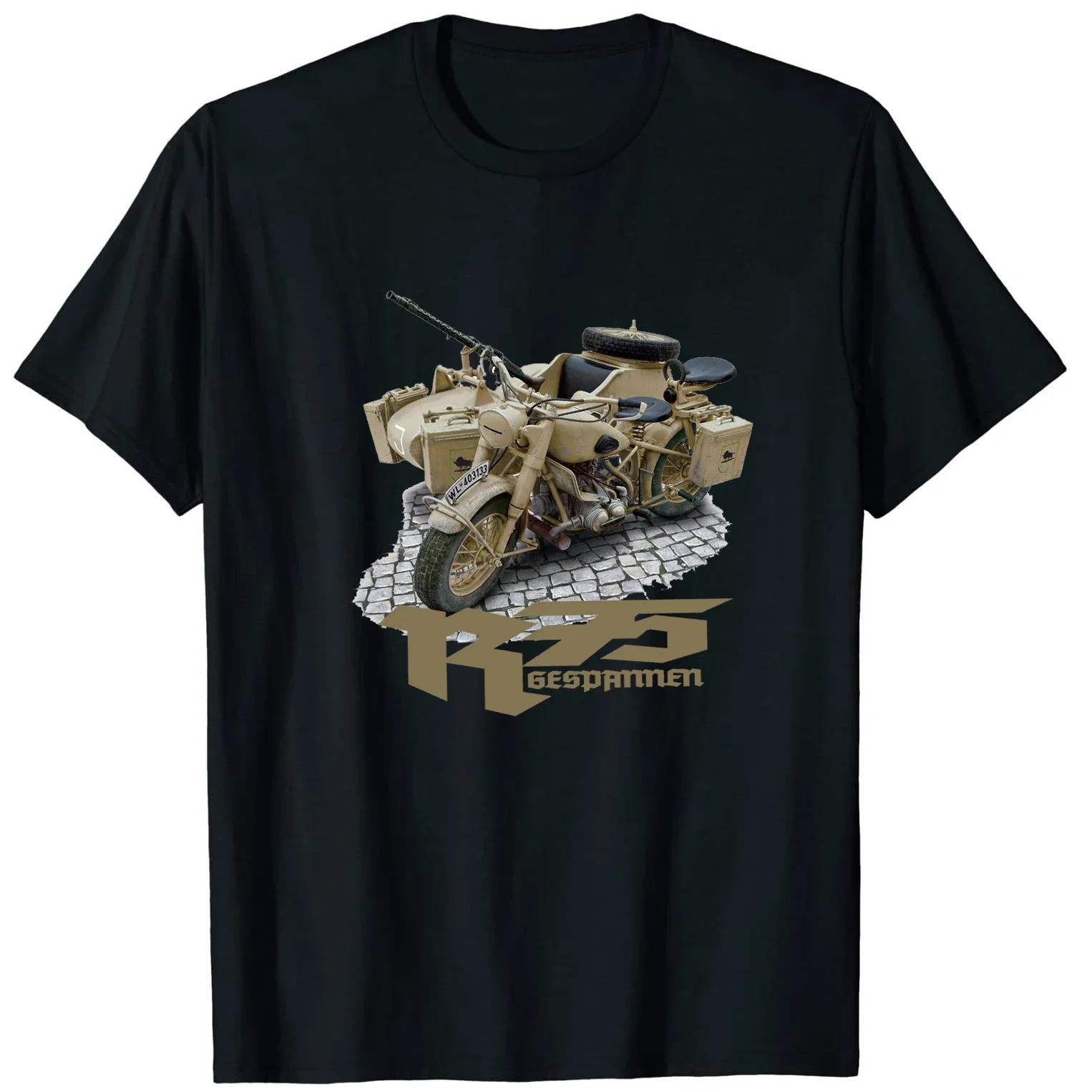 

WWII German R75 Motorcycle Sidecar Wehrmacht Military Motorcycle T-Shirt 100% Cotton O-Neck Short Sleeve Casual Mens T-shirt