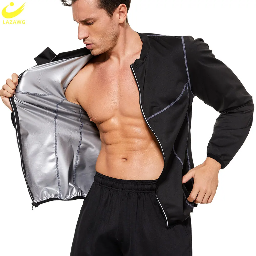 LAZAWG  Men Sauna Jacket Sweat Top with Long Sleeves Weight Loss Suit Slimming Blouse Fat Burner Gym Sportwear Exercise Workout