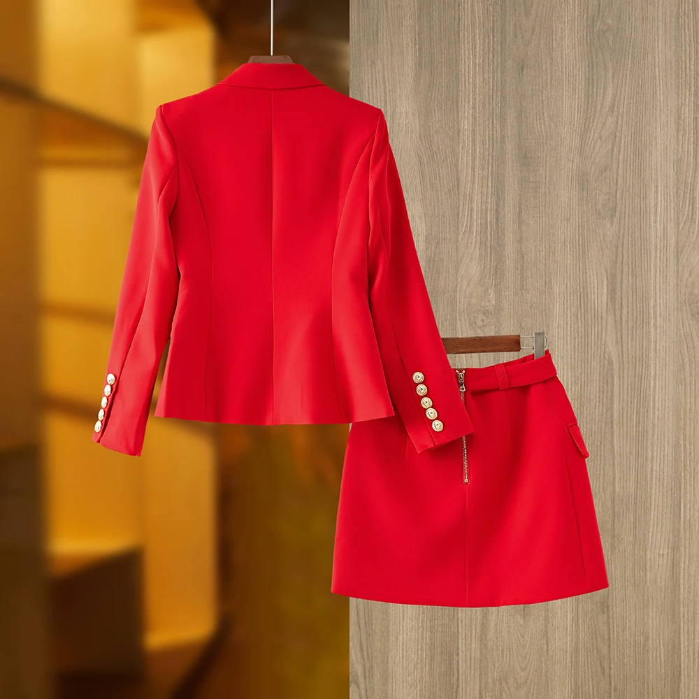 Wow Amazing Elegant Lady Stunning Blazer 2PCS Sets Red Mini Skirt With Blet Work Wear Women Luxury Suit