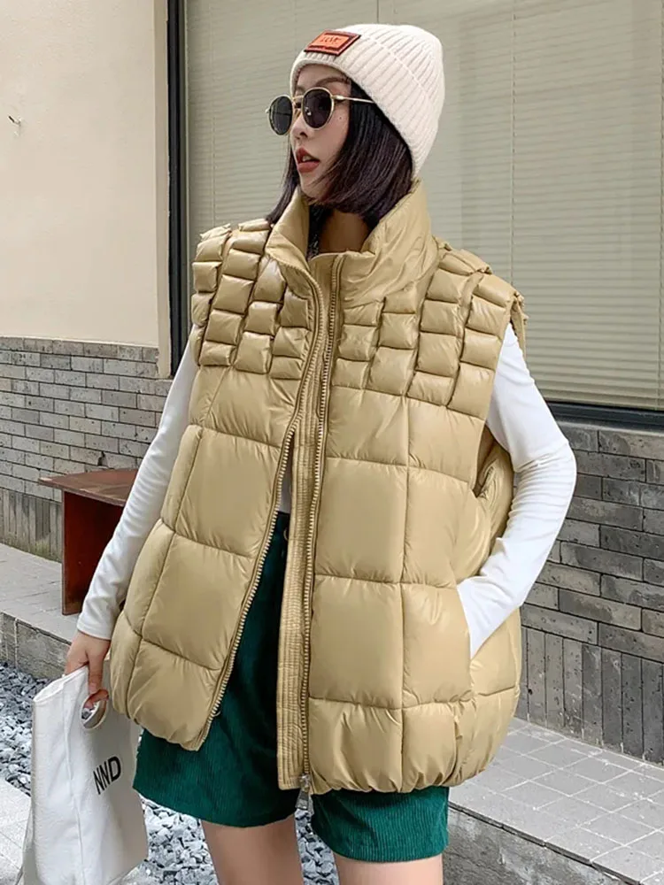 2024 Winter Autumn Thicken Women Waistcoat Cotton Warm Streetwear Zipper Female Hooded Vest Big Pocket Sleeveless Loose Vest