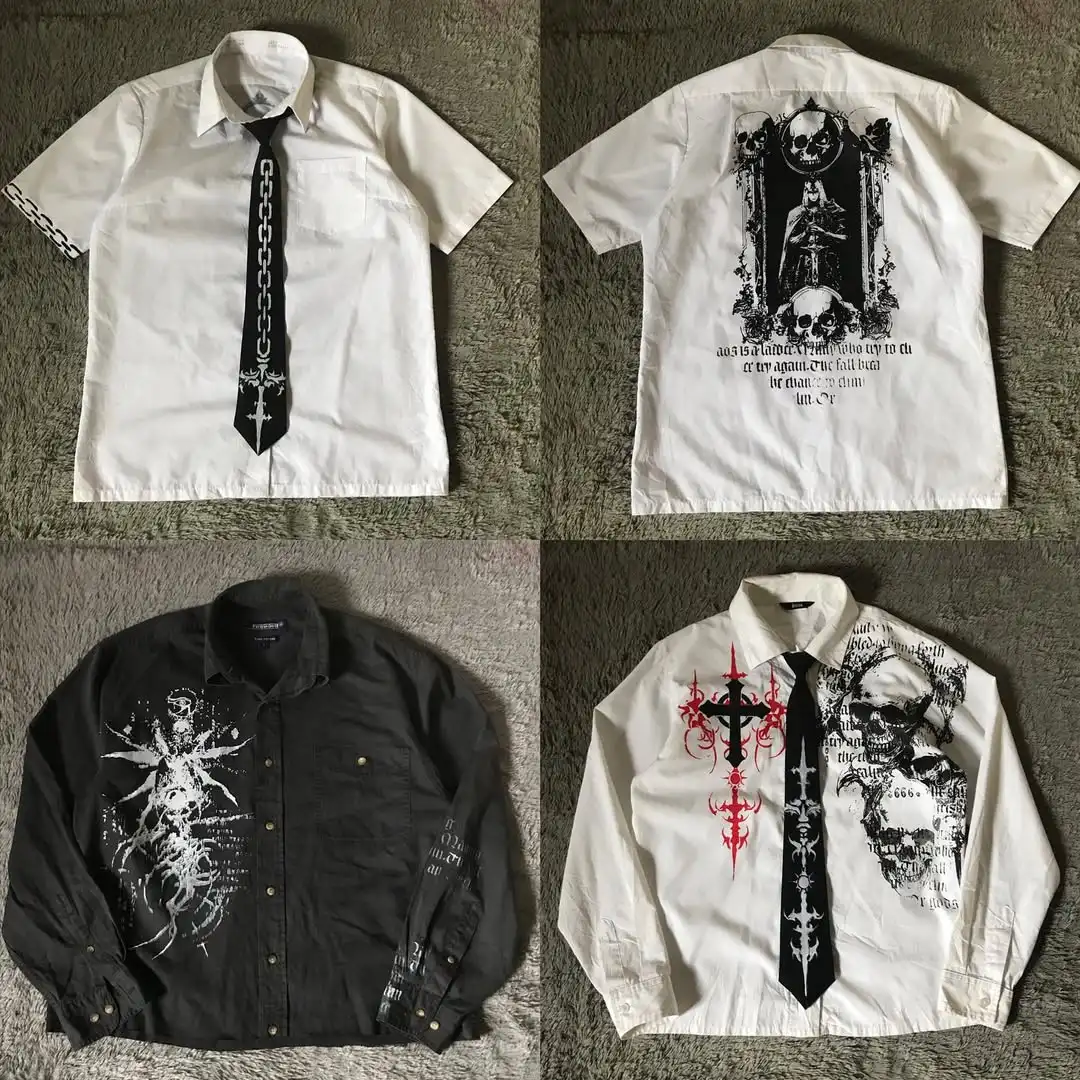 

Y2K Affliction White Long sleeves Shirt Retro V-neck Shirt Harajuku Men Holy Writ Skull Printing Tee Fashion Gothic Tops