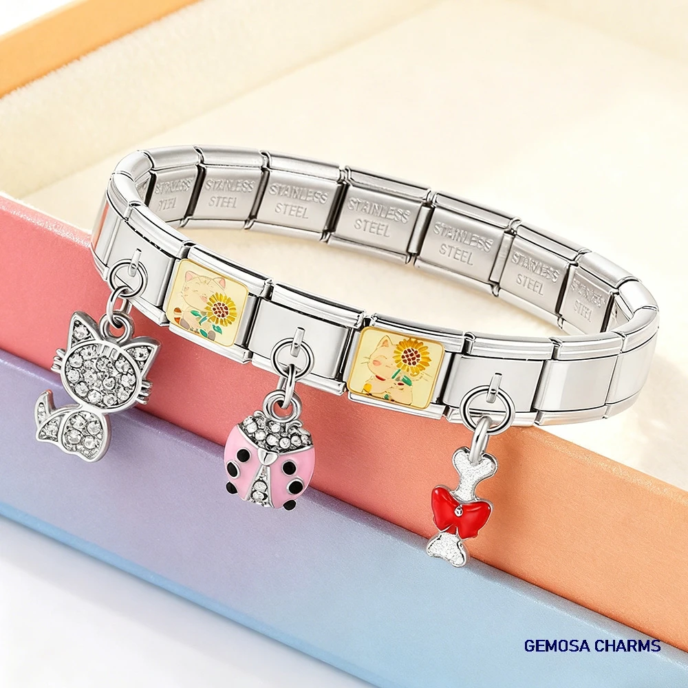 GEMOSA Silber Farbe Katze Delphin Welpen Käfer Eule Italienischer Charm Link passend für 9mm Edelstahl Herstellung Armband DIY Schmuck Anhänger – Detail 3