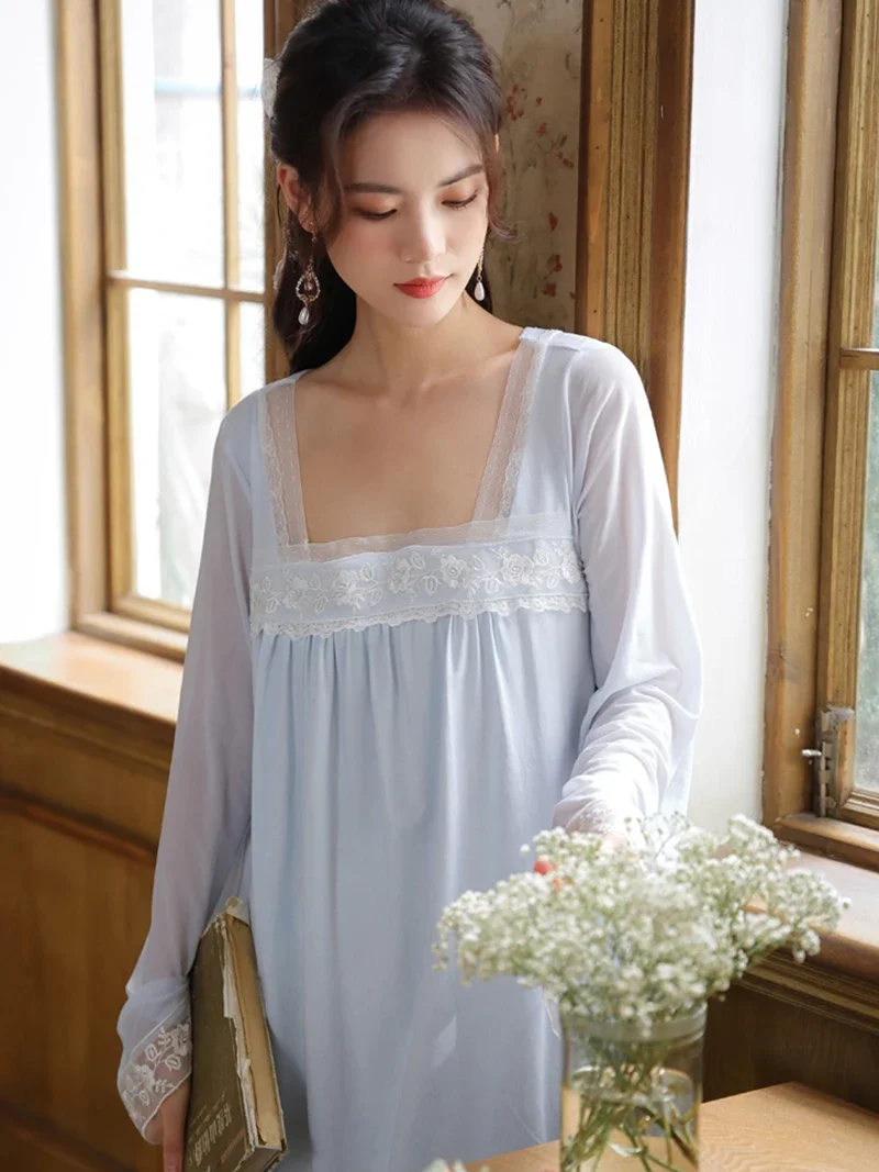 Women Romantic Victorian Cotton Fairy Night Dress Sexy Lace Long Sleeve Peignoir Vintage Nightgowns Sweet Princess Sleepwear