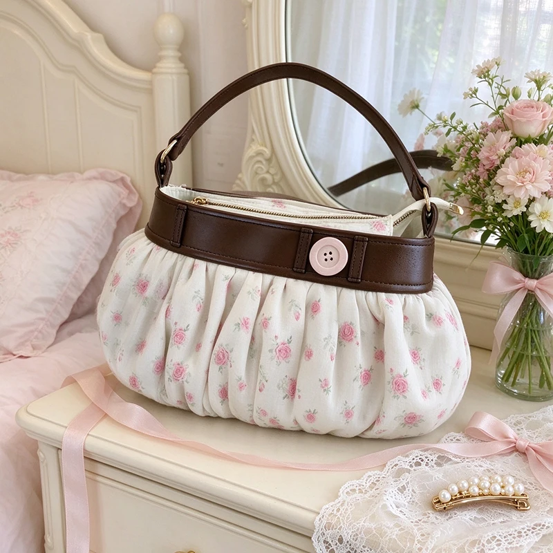 Women Vintage Floral Underarm Bag, Sweet Rose Print Ruched Shoulder Bag Casual Daily Handbag Faux Leather Spliced with Button