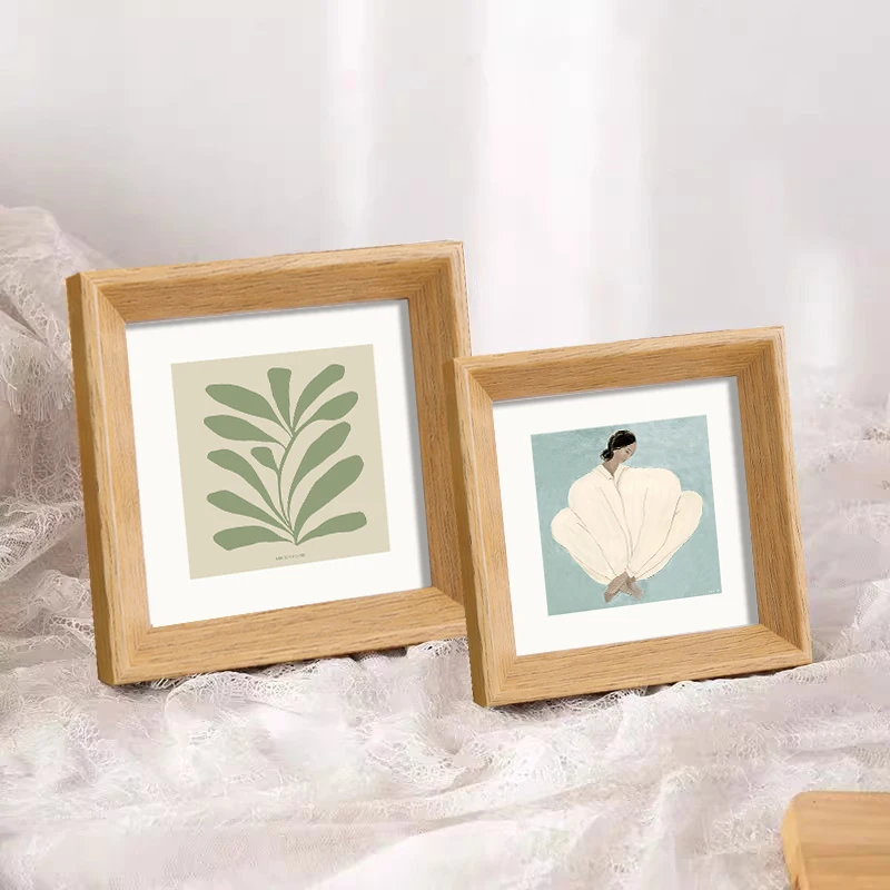 Square Wooden Picture Frame Nordic Style - Mini Frame for Oil Pastel Artwork, Girl's Room Photo Display Mini Desktop Frame