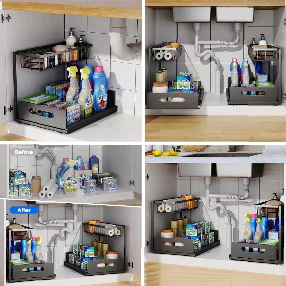 

Under Sink 2 Tier Sliding Cabinet Basket Organizer Drawer Pull Out Cabinet Multi-Purpose Sink Organizer for Bathroom Kitchen