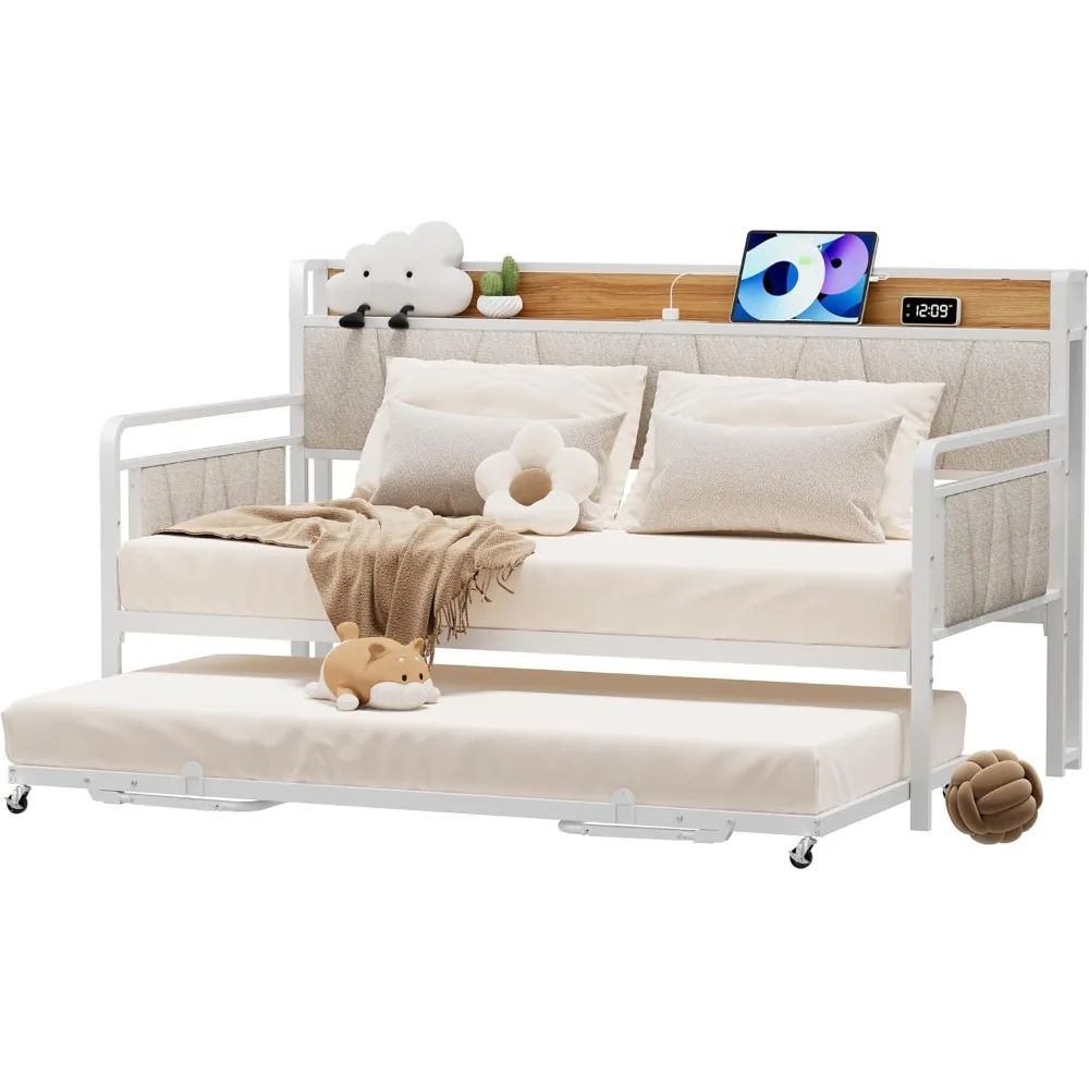 

Daybed with Trundle, Modern Twin Size Sofa Day Bed, Sturdy Metal Bed Frame with Upholstered Headboard for Living Room, Bedr