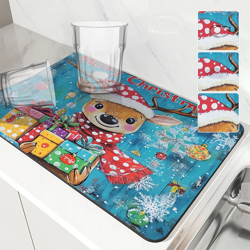 

Absorbent Mat Christmas Deer Gift Kitchen Antiskid Drying Mat Quick Dry Bathroom Drain Pad Tableware Mat