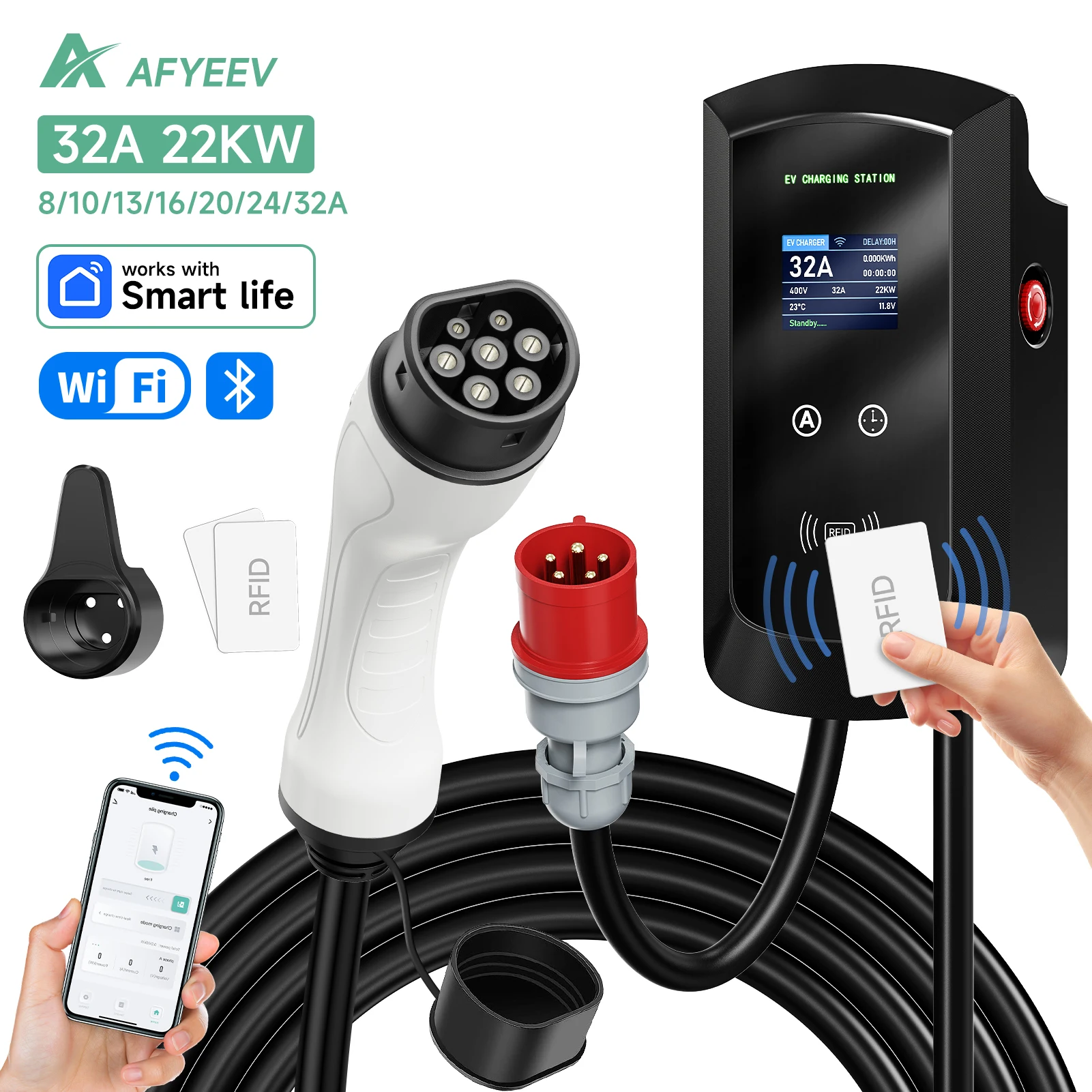 AFYEEV32AEVChargingStation22KW3PhaseElectricVehicleCarCharger11KWType2IEC62196-2EVSEWallboxAPPControl5mCable