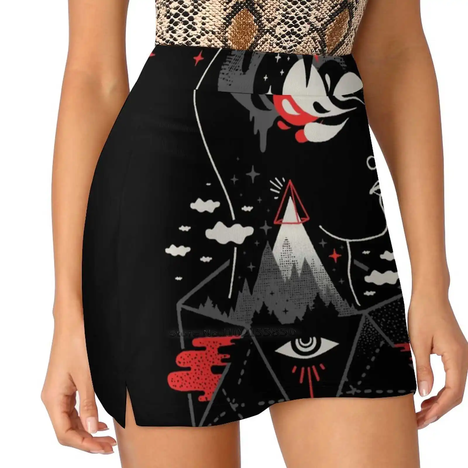 Chaos Magic New Women Skirts Double-Layer Printed Short Dress Mini Sport Skirt Dark Black Eye Stars Moon Waves Symbolism Psyche