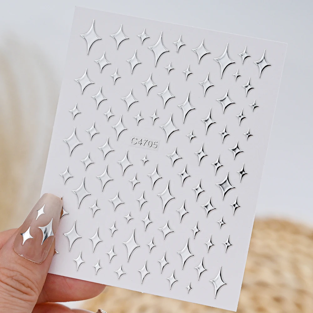 1Pc Metallic Silver Mirror Star Nail Sticker 3D Y2K Heart Stars Moon Adhesive Decal 10*8cm Cross Starlight Manicure Sliders