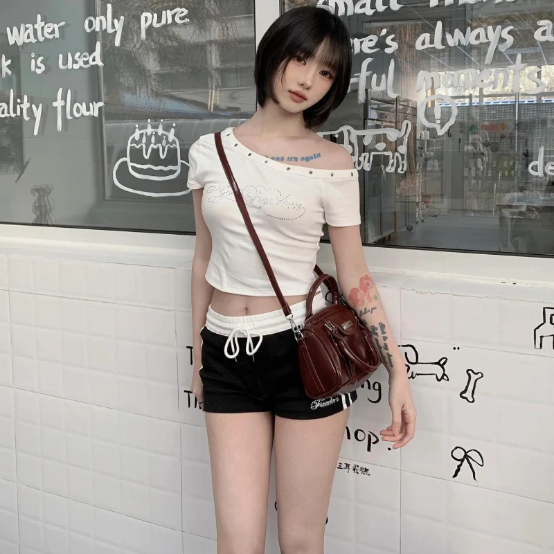 Hot Drilling Stereo Letter Dew Shoulder Short Sleeves T-shirt Women 2025 Summer Korean Style Tops Lady Leisure Slim Thin T-shirt