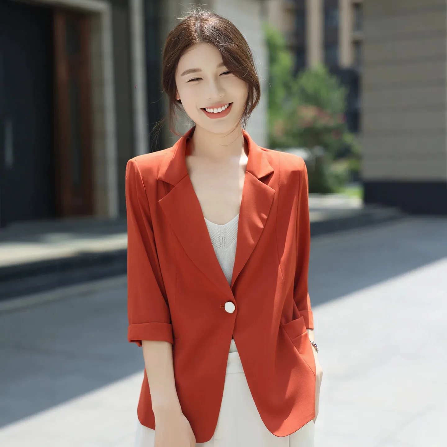 Thin Ice Sensation Women's Blazer Jacket Slimming Professional Outerwear with Seven-Length Sleeves Age-Defying Sun Protection
