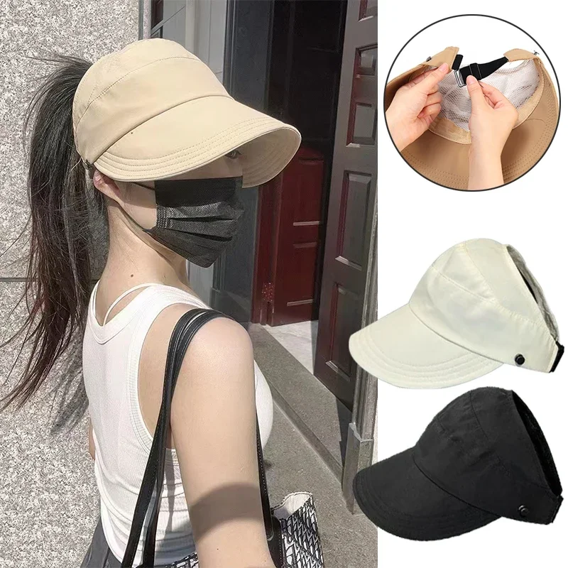 Foldable Wide Brim Ponytail Sun Hat Drawstring Adjustable Caps Women Empty Top Beach Hat Summer Quick-dry Visor Fisherman Cap