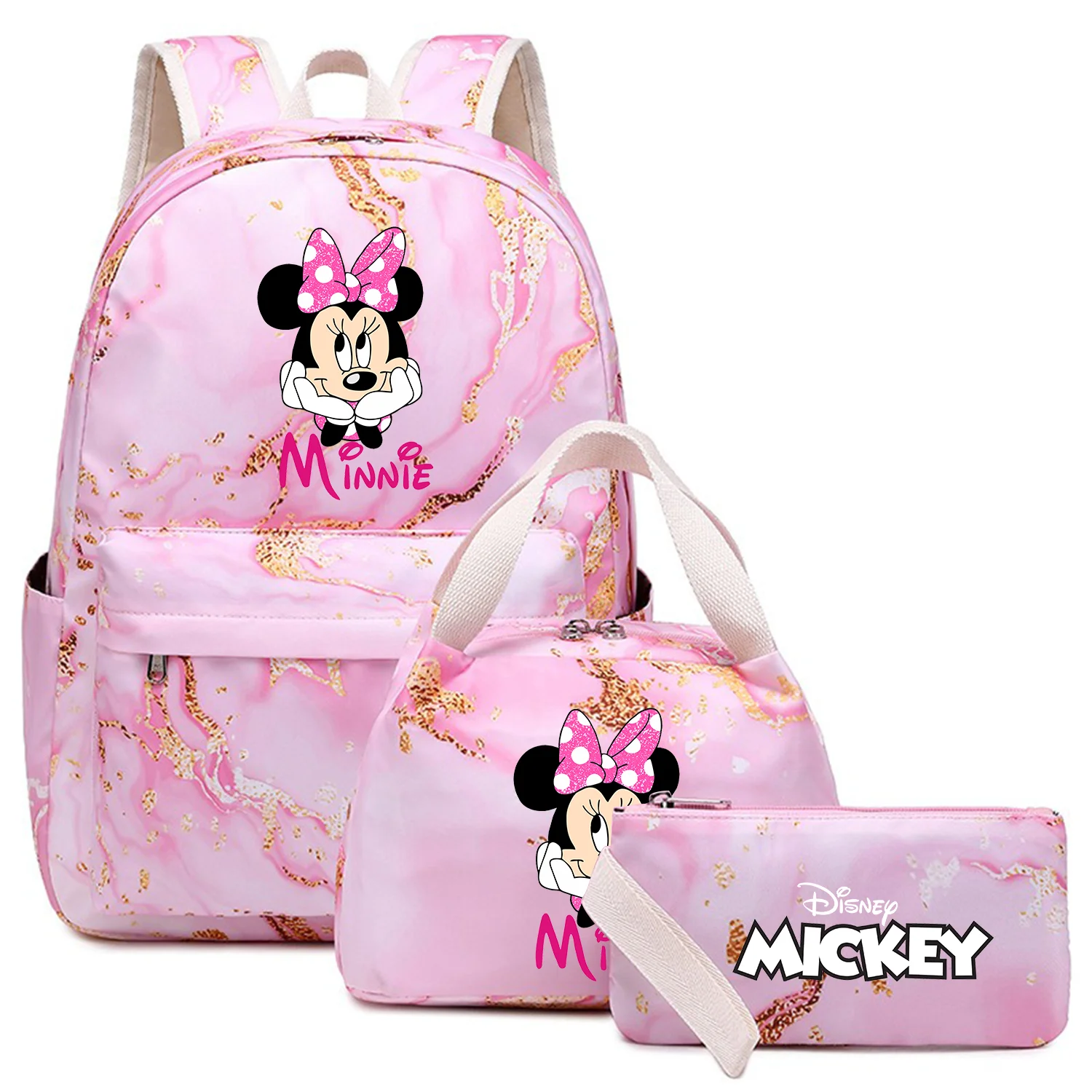 

3Pcs Mickey Minnie Mouse Kids Backpack Large Capacity Student Waterproof Schoolbag Boys Girls Pen Lunch Bags Travel Mochila