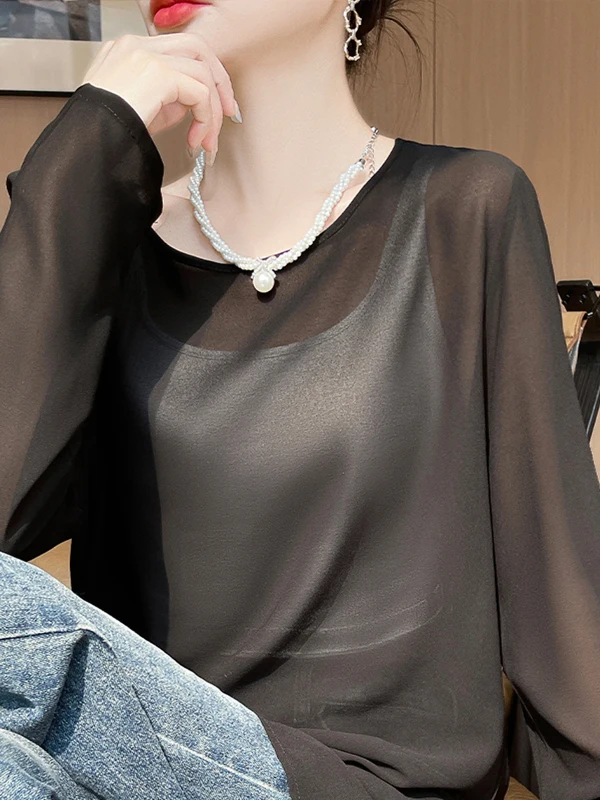Summer Long Sleeve Thin Mesh round Neck T-Shirt Sun Protection Loose Pure Color Cover up for Skirts Outerwear Transparent Shirt