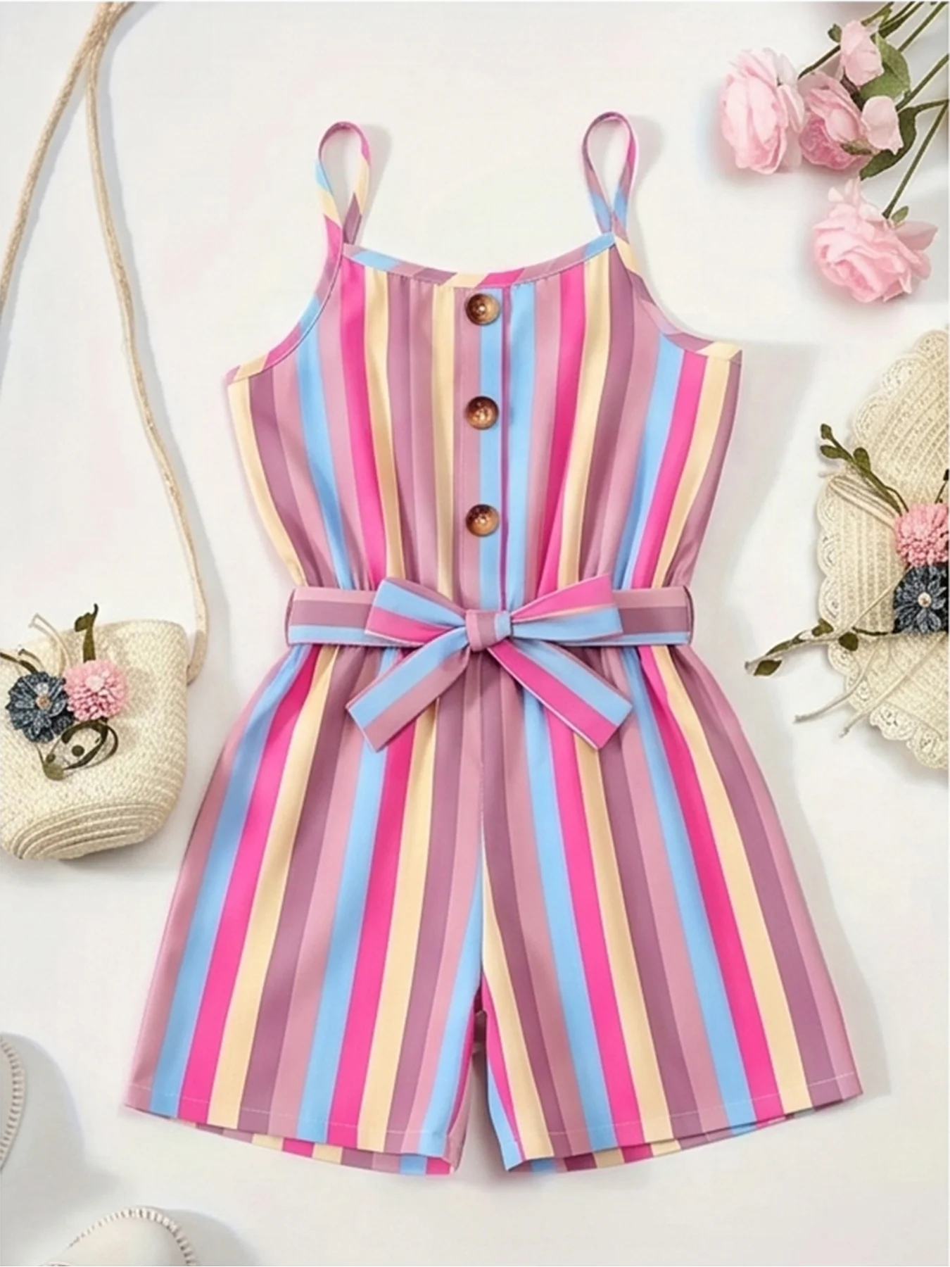 Children's Casual round Neck Button Decoration Rainbow Stripe Waistband Jumpsuit Wide Leg Strappy Shorts