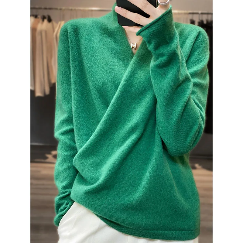 2022 Autumn Fashion Tops 100% Pure Wool Knitted Sweaters Women V-neck Long Sleeve Cashmere Knitwear Winter New Female Jumpers