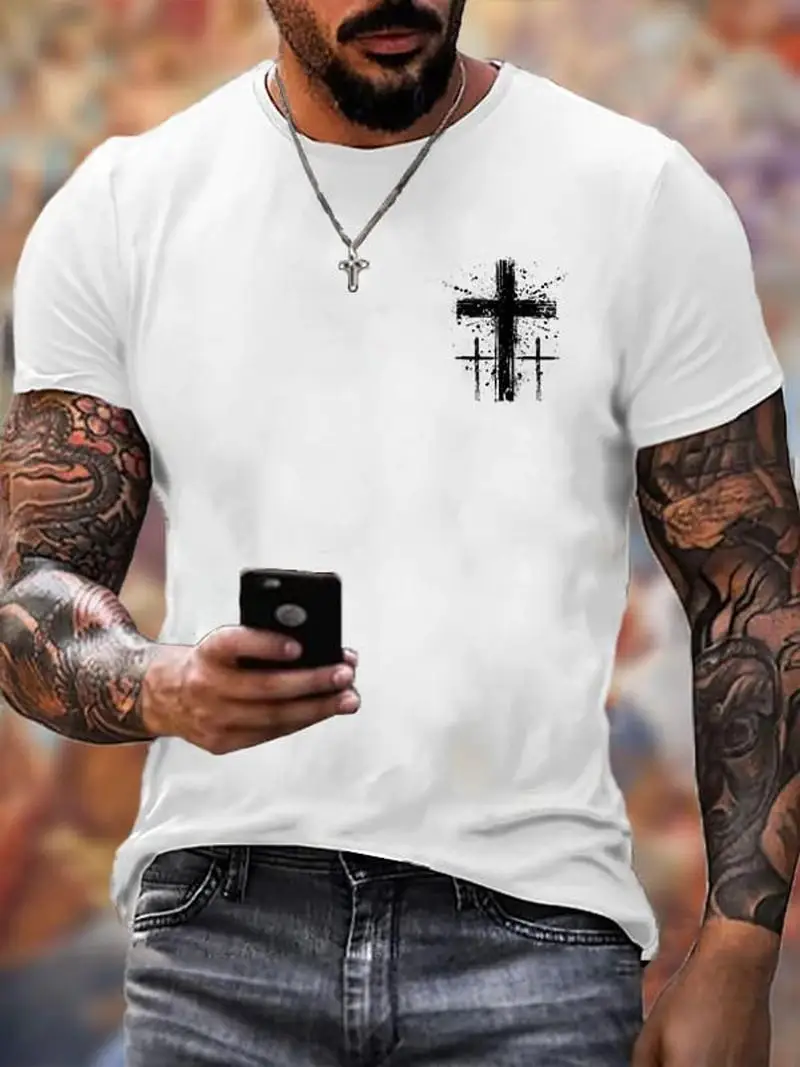 Men's Christian Cross T-Shirt 100% Cotton Oversized Big & Tall, Religious Church Apparel With Cross Print, Breathable Fabric Tee