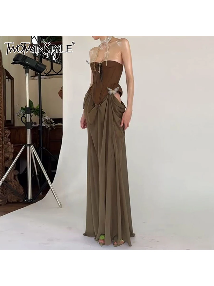 

TWOTWINSTYLE однотонные сексуальные утягивающие платья для женщин без бретелек без рукавов с высокой талией ажурное платье женская модная одежда новая