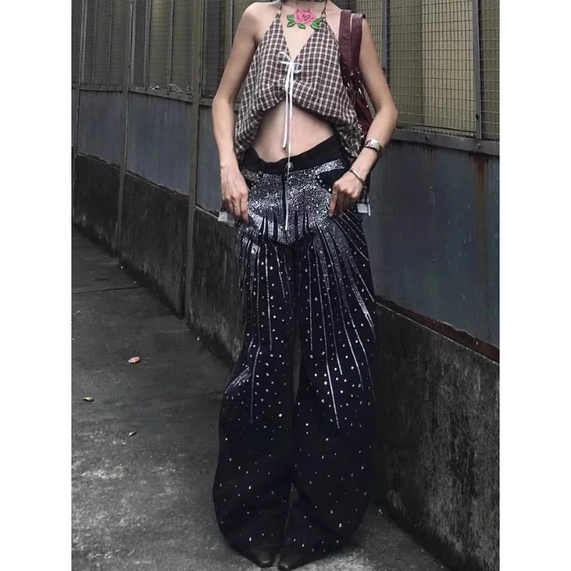 

YIBASHU женские винтажные черные готические джинсы Y2k со стразами, осень 2022, мешковатые джинсовые брюки в стиле Харадзюку, японские джинсовые брюки в стиле гранж 2000-х годов