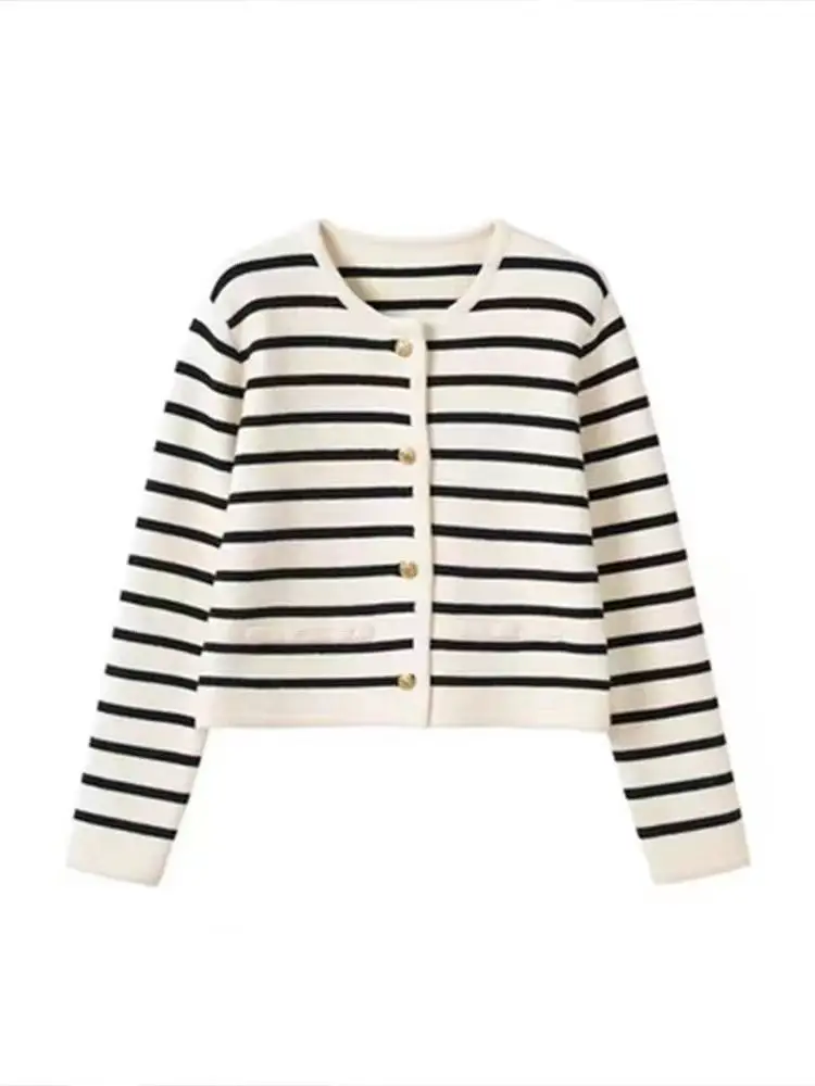 White Black Striped Short Cardigan Women Korean Fashion Sweater Elegant Long Sleeve Top 2022 Spring cardigan women traf