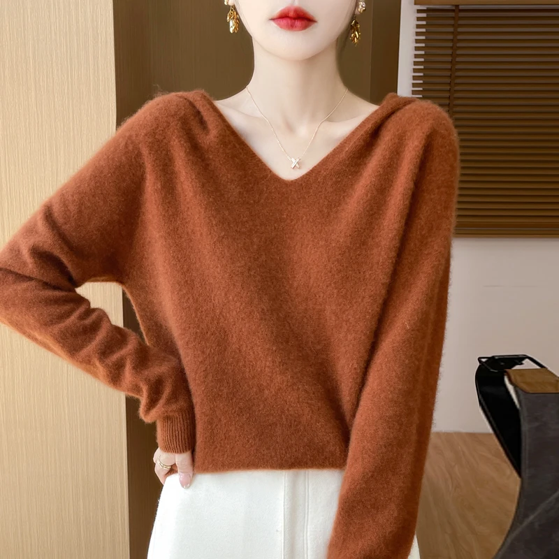 Women Autumn Winter Pullover Hoodies 100% Merino Wool Sweater V-neck Casual Loose Cashmere Knitwear Korean Fashion Female Jumper