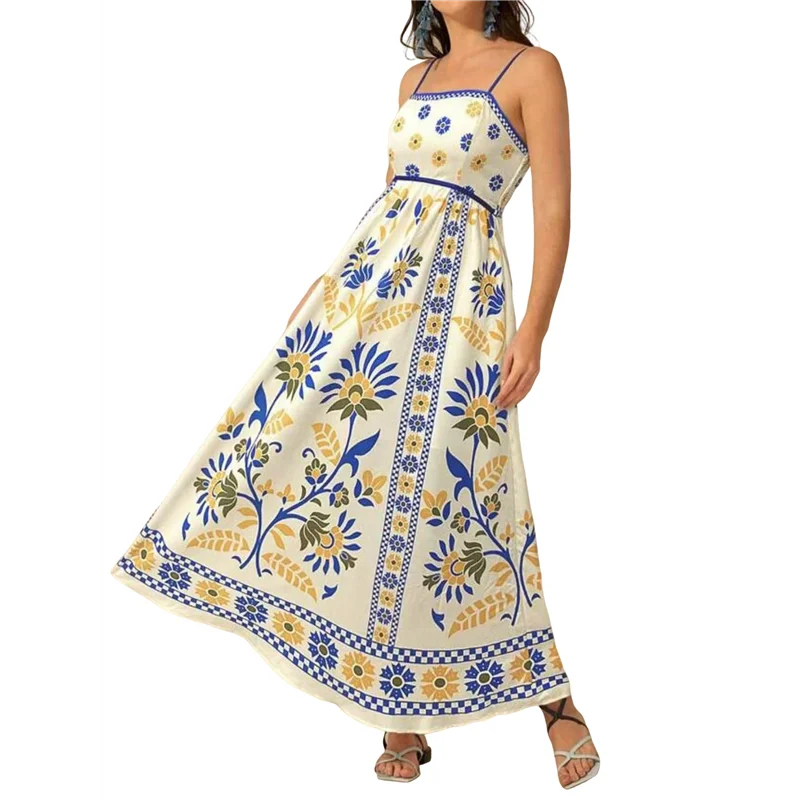 ใหม่-สตรี 2025 ฤดูร้อนดอกไม้Maxiชุดสปาเก็ตตี้พิมพ์Smocked Boho Beachชุดยาว