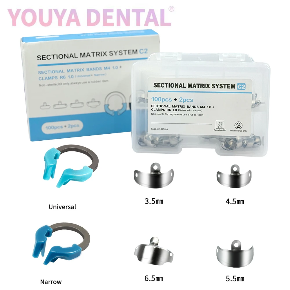 1 Box Dental Matrix Band Segmented Contour Matrix System Metal M4 Matrix Nitinol Clamping Ring C2 Set High Temperature Resistant