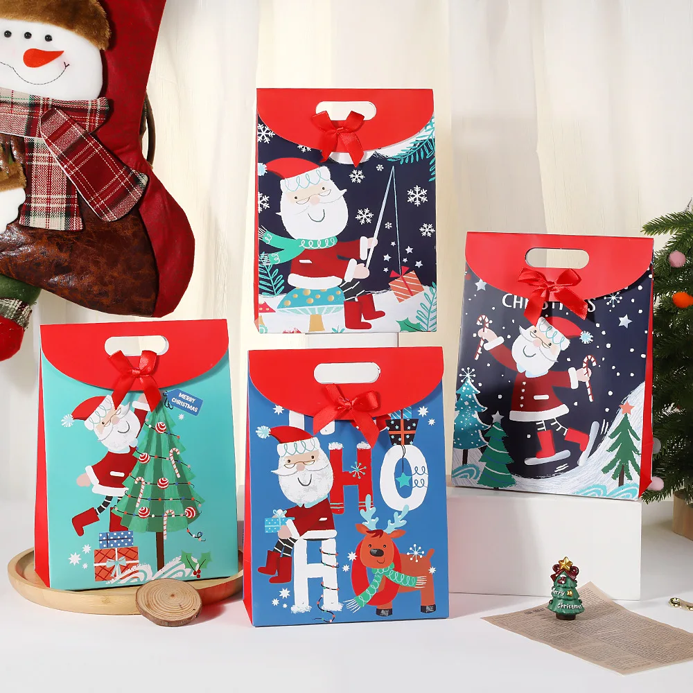 Christmas gift bag Santa Claus color printing hand gift bag flip Velcro fastener bag bow hand-held candy bag wholesale