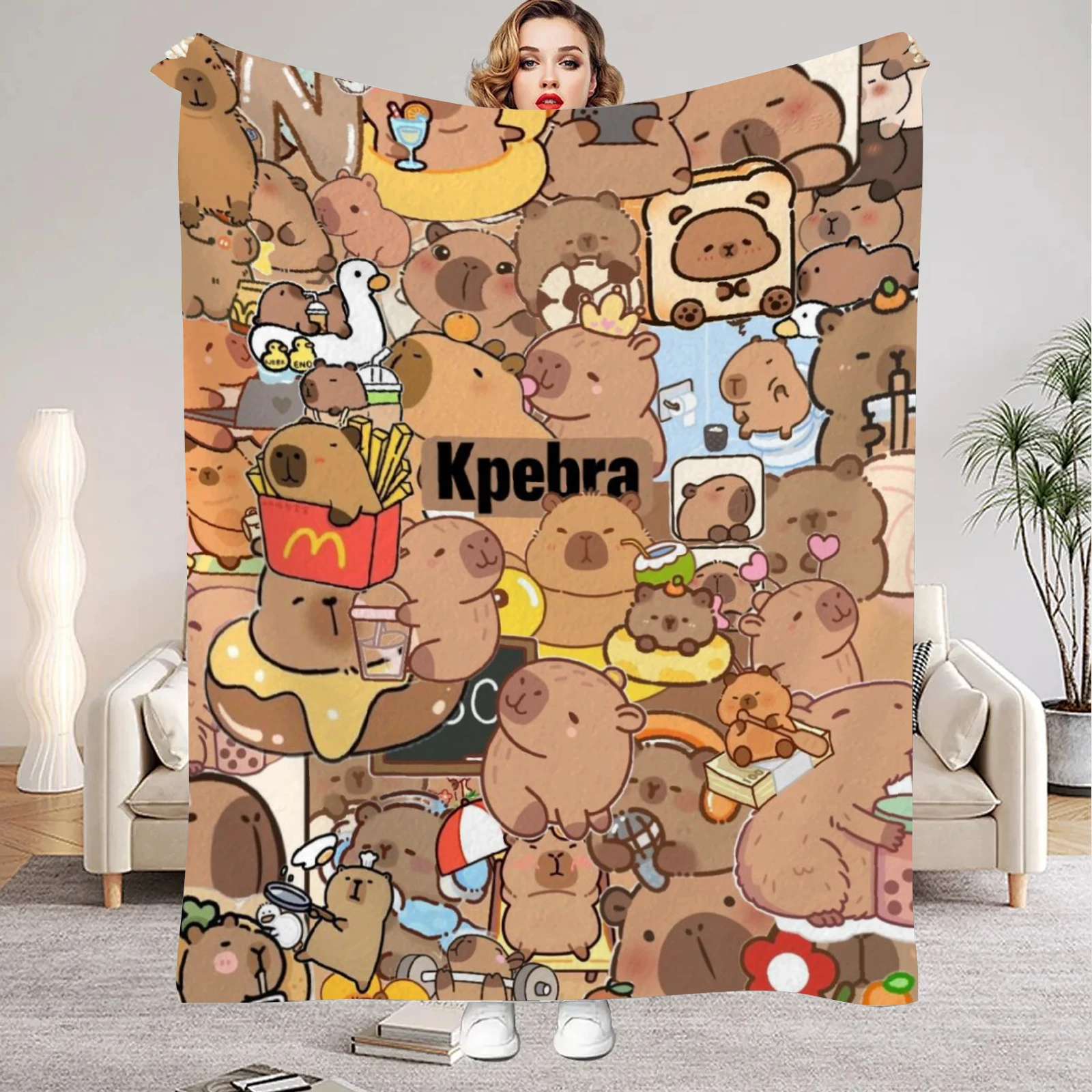 1Pc Digital Printed Capybara Style Flannel Blanket Mattress Cover Blanket for Family Beds,Sofas,Offices,Outdoor Camping