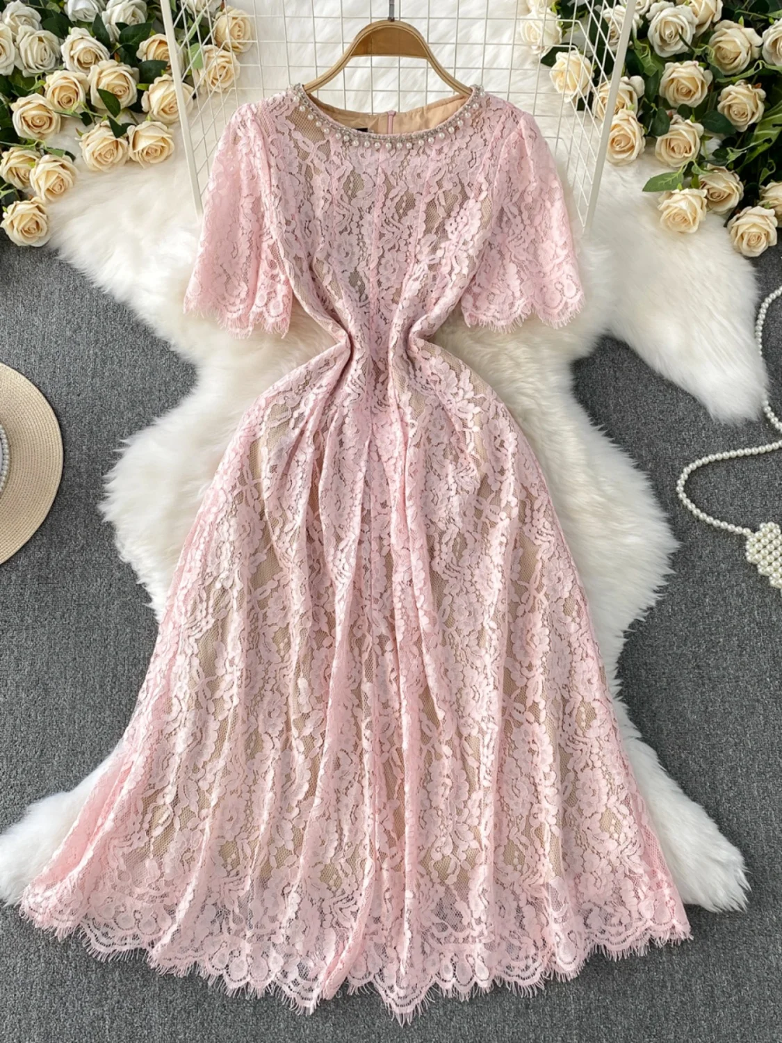 

Ele Lace round Ne Gown Women's Slimming A-Line Long Dr Summer High Waist ort Sve High Quali Commute Sle Dr