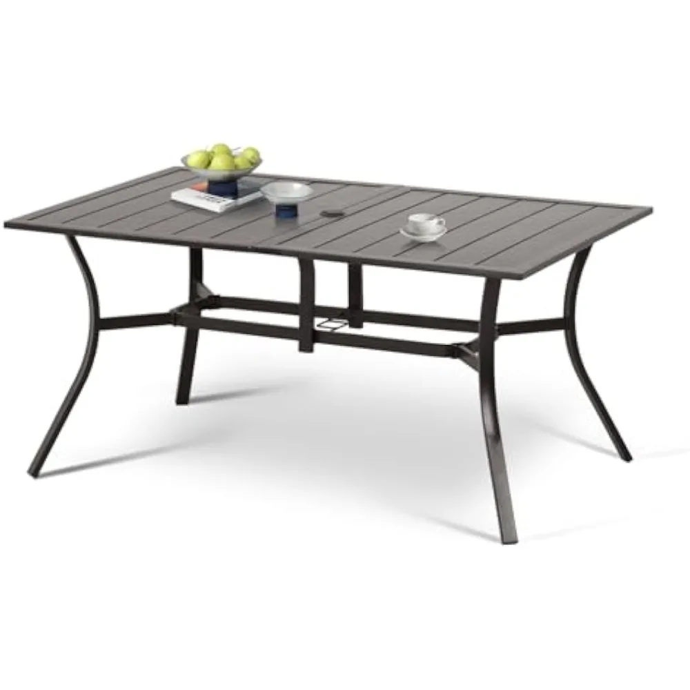 

Patio Dining Table for 6 People, 59" L x 38" W Rectangular Metal Outdoor Dining Table with Adjustable Umbrella Hole for Garden,