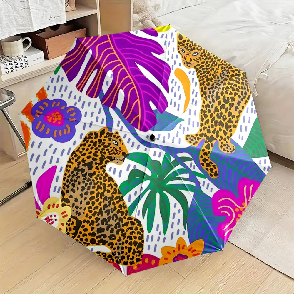 1PC Tropical Leopard Print Umbrella with Vibrant Jungle Design Print 8 Iron Ribs Folding Umbrella Auto-Open Fashion Sunshade