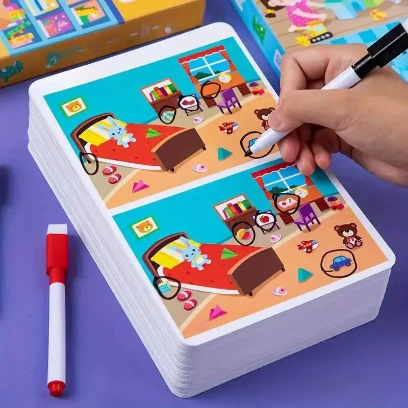 Cartes de formation avec des dessins « trouvez la différence » - Conçu pour la formation à l'attention éducative comprend des cartes effaçables