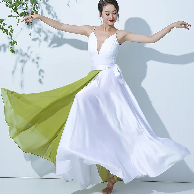 

Qingcheng Dance New Classical Dance Big Swing Skirt Two tone Color blocked Strap Half body Long Dress Modern Performance Dress