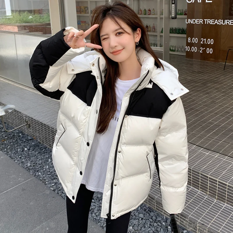 Couple 2023 Down Jackets Hooded Color Blocking Women Korean Men White Duck Thickened Winter Coats Pocket Commuting Double Collar