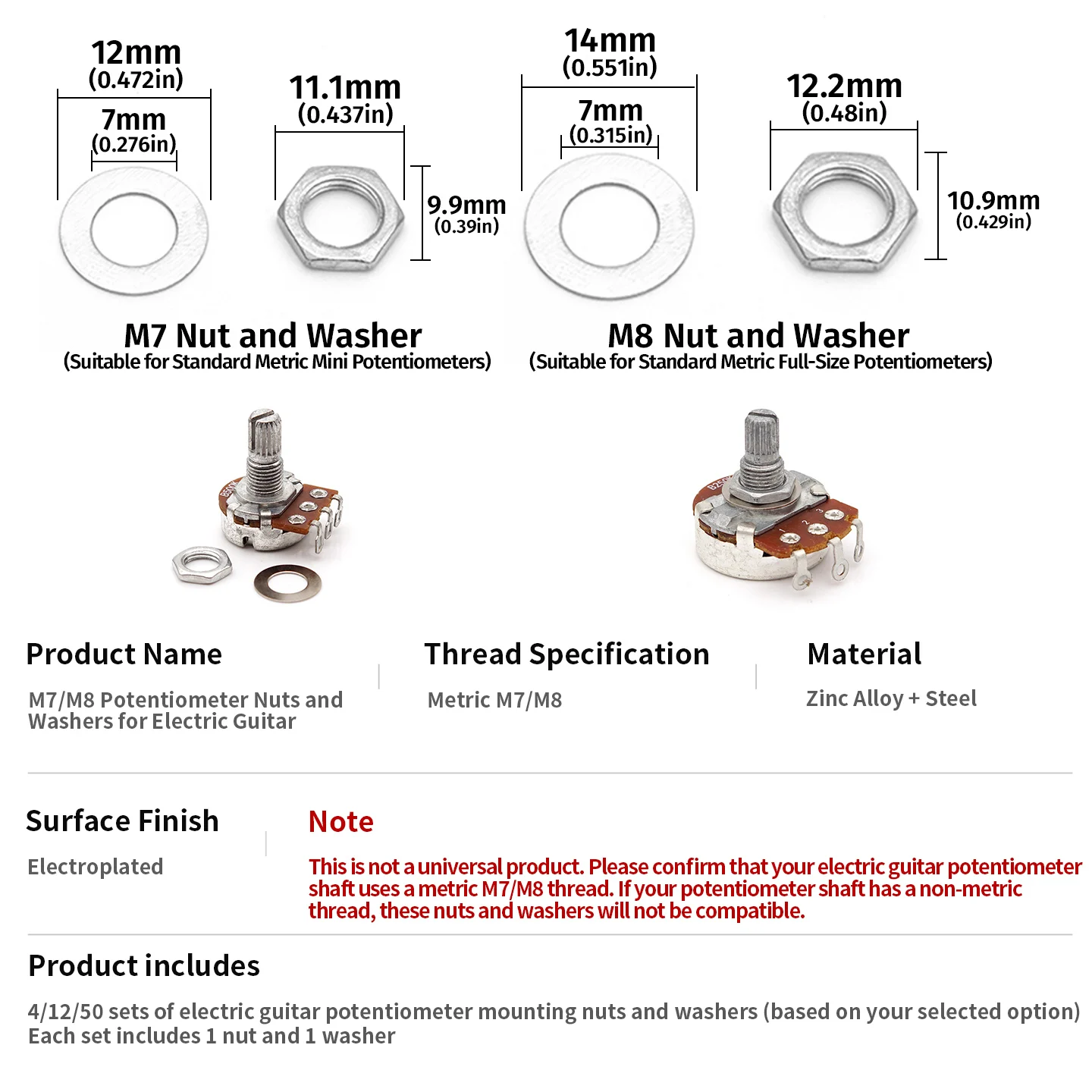 4/12/50 Sets M7/M8 Metric Electric Guitar Potentiometer Nuts and Washers Zinc Alloy Mounting Hardware for Guitar & Bass Pots