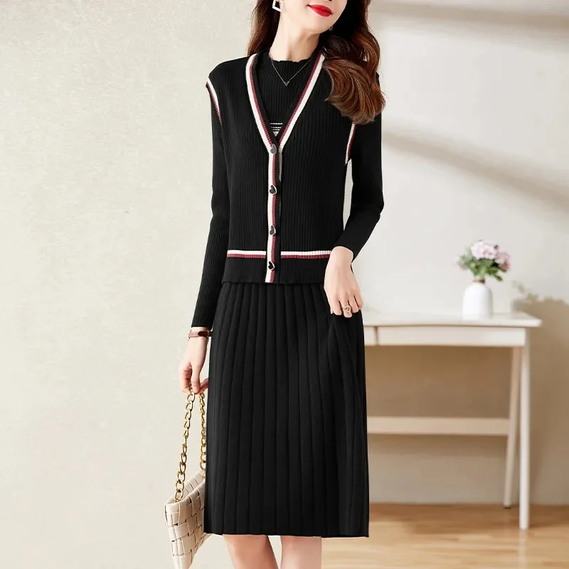 2024 Autumn And Winter New Style Two-Piece Suit Knitted Dress +Sleeveless Vest Loose Thin Temperament Over The Knee Sweater Suit