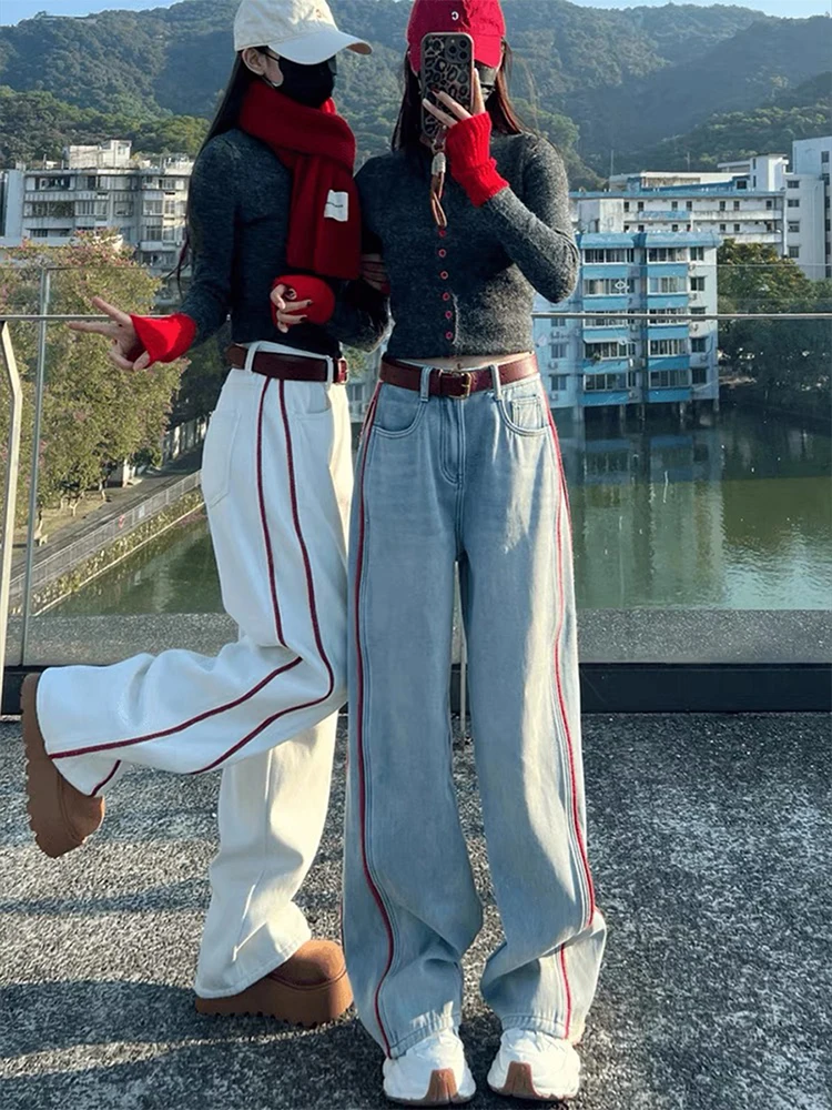 Large contrasting straight leg jeans for women New 2026 spring autumn loose high waist wide legs floor length XJ622