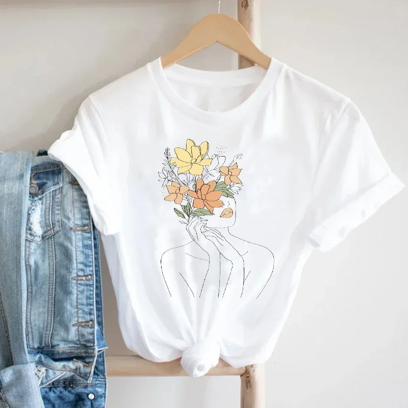 2024 Nice Tee Top Graphic T-shirt Women Short Sleeve Printing Watercolor Cute Floral Ladies Flower 90s Fashion Pretty Print Tshi