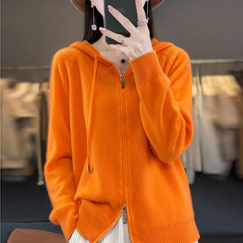 Autumn and Winter 2023 New Women\'s Cashmere Sweater 100% Wool Hoodie Knitted Cardigan Loose Korean Fashion Casual Top