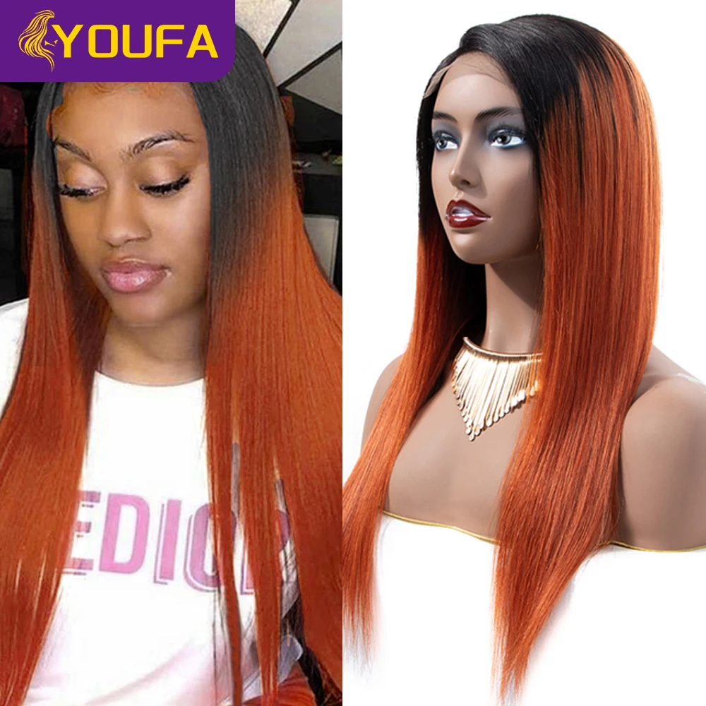YOUFA Ombre Orange Lace Front Human Hair Wigs With Baby Hair 4x4 Swiss Lace Closure Wig 28Inch 1B 350 Pre Colored Lace Front Wig