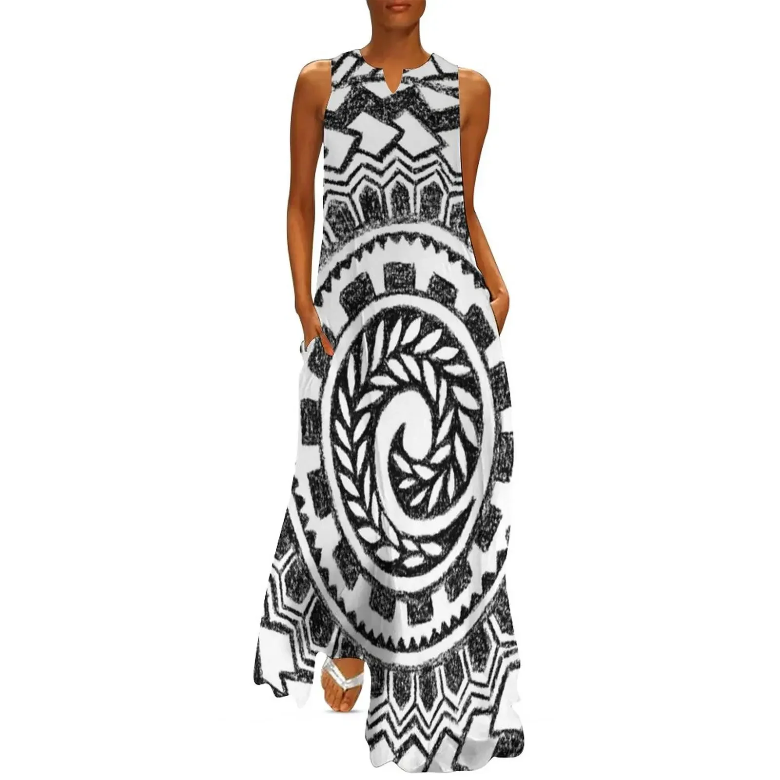 

Retro Colorful 60s 70s Polynesian Tattoo (black) Long Dress evening dress woman clothes Dress