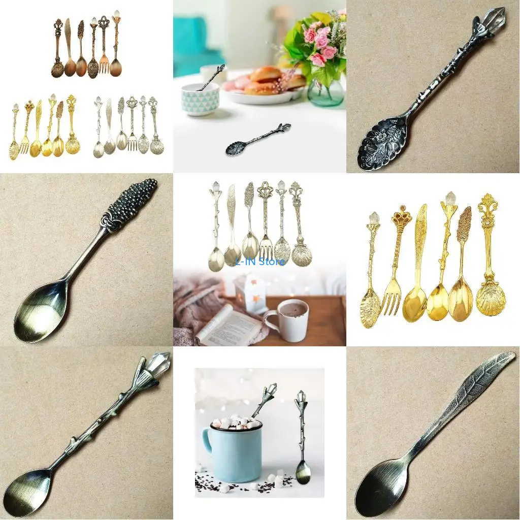 

6 PCS Tableware Dessert Spoons Stirring Mixing Sugar Stir Ice Cream Cake Teaspoons Set Alloy Material 3 Colors to Choose