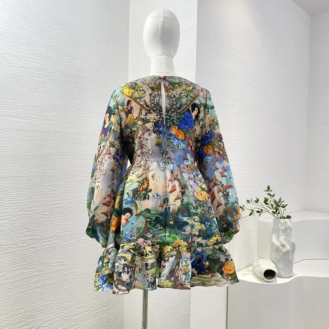 2024 Summer Autumn Women Deep V Neck Mini Dress Multicolor Floral Cartoon Characters Print Diamonds Pressed Long Sleeve Holiday