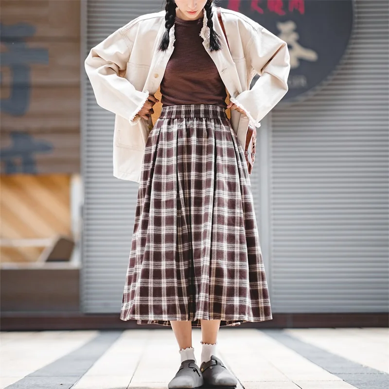 Maden Women\'s American Plaid Pocket Half Skirt Loose Relaxed Slim High Vintage Plaid Long Umbrella Skirt Autumn