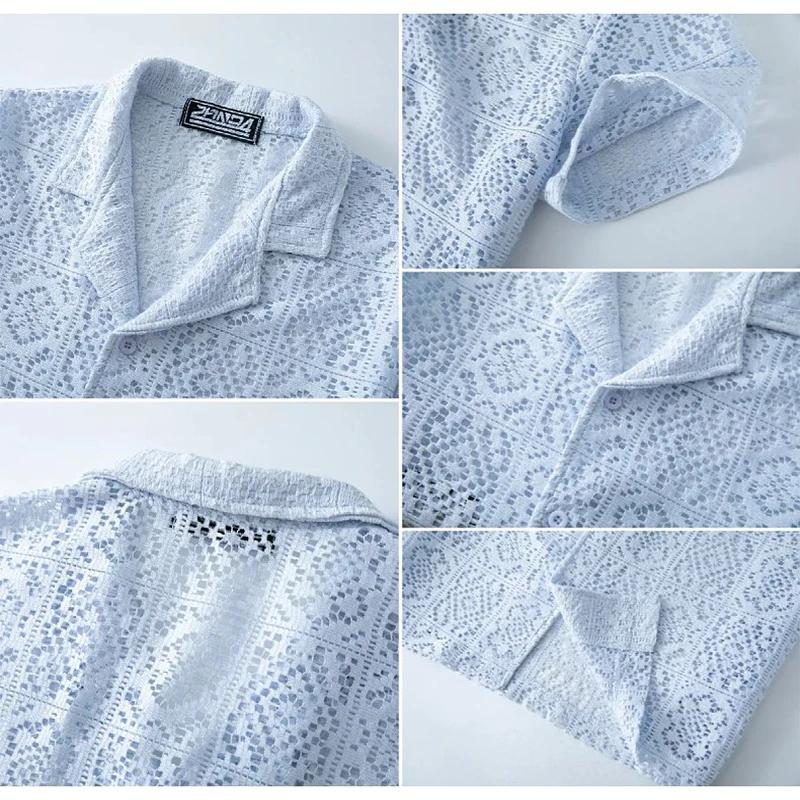 2025 New Men's Polyester Hollow Out Shirt Summer Casual Short Sleeve Button-Down Collar Breathable Loose Fit Trendy Blouse